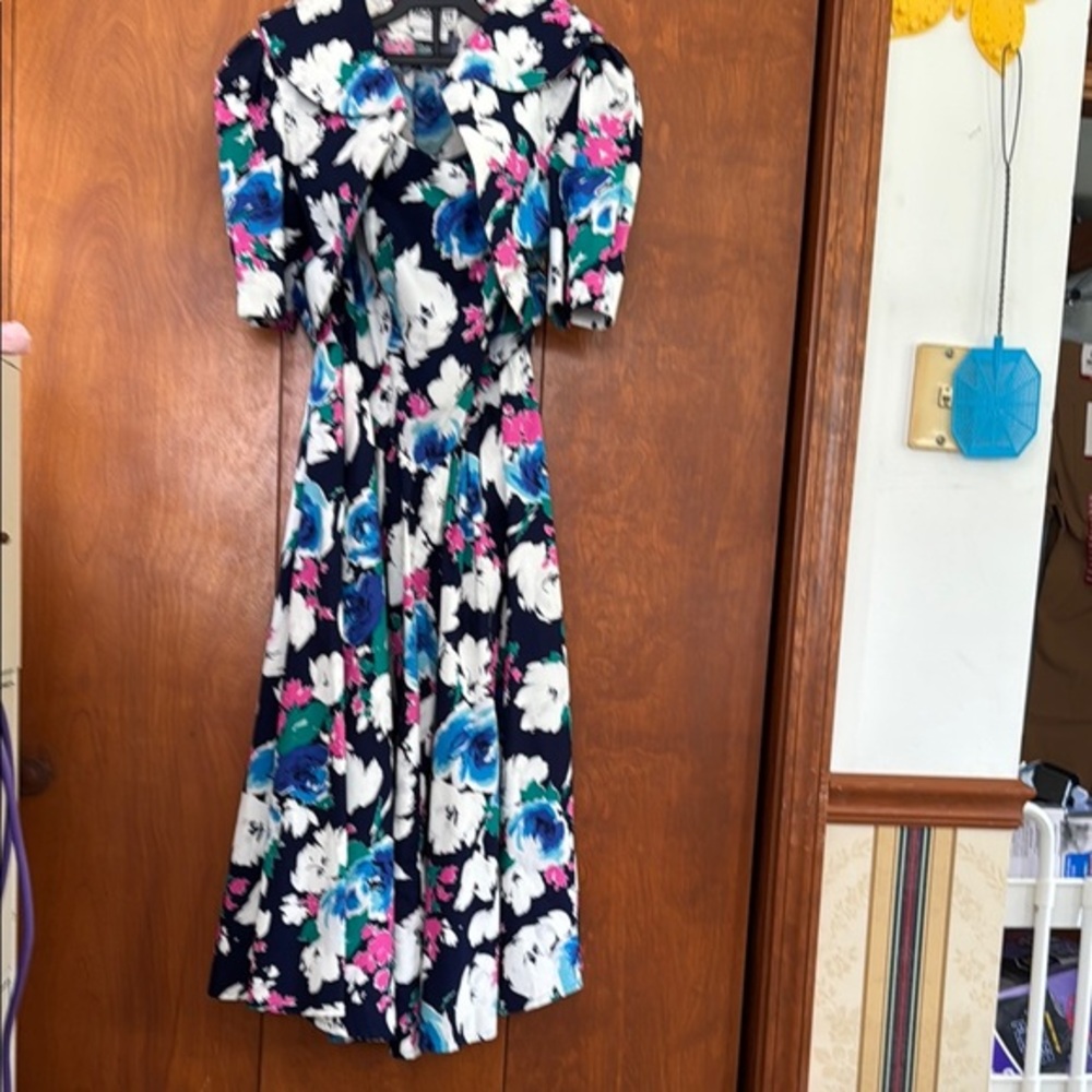 Pink and Blue Floral Midi Dress with Puff Sleeves H-17